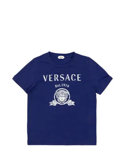 Versace Kids' Printed Cotton T-shirt In Blue