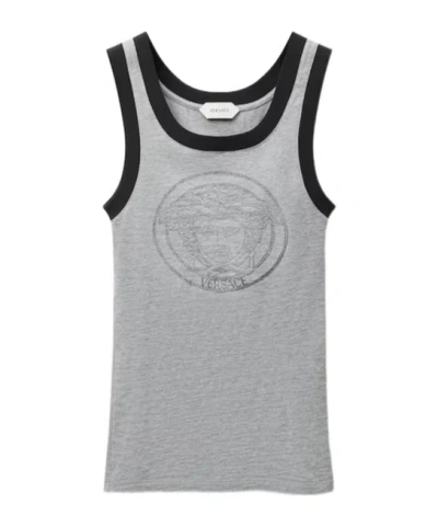 Versace Printed Cotton-jersey Tank Top In Gray
