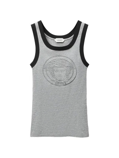 Versace Light Grey Cotton Jersey T-shirt With Logo Print In Gray