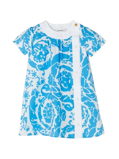 Versace Babies' Printed Cotton-poplin Dress In Blue
