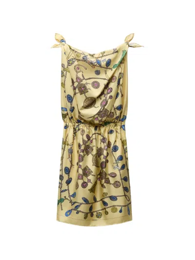 Versace Printed Cowl-neck Mini Dress In Yellow