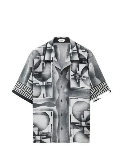 Versace Printed Crêpe De Chine Silk Shirt In Gray