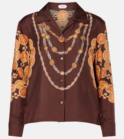 Versace Collared Neck Long Sleeve Nylon Silk Top In Brown