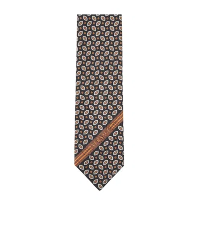 Versace Printed Jacquard Silk Tie In Brown