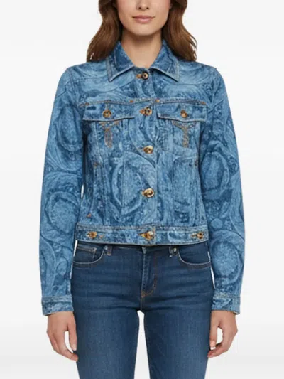 Pre-owned Versace Printed Medusa Denim Jacket In Blue