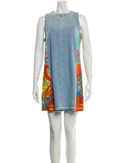 Pre-owned Versace Printed Mini Dress In Blue