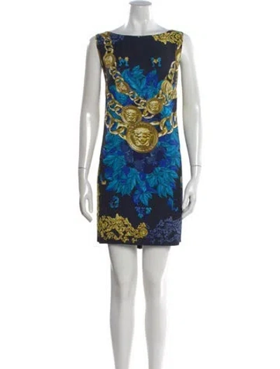 Pre-owned Versace Printed Mini Dress In Blue