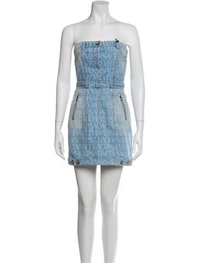 Pre-owned Versace Printed Mini Dress W/ Tags In Blue