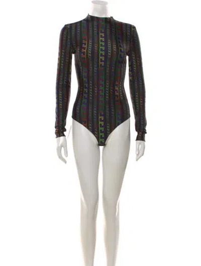 Pre-owned Versace Printed Mock Neck Bodysuit W/ Tags In Black