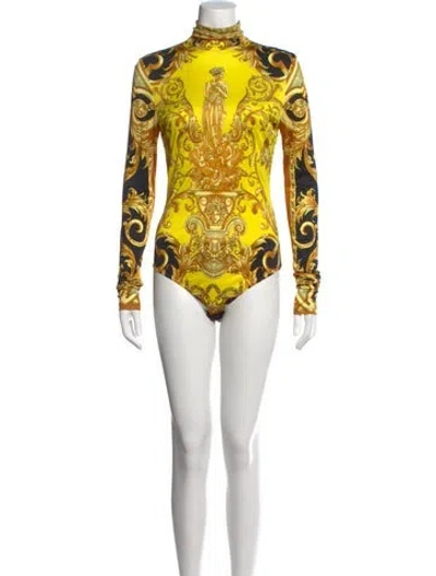 Pre-owned Versace Printed Mock Neck Bodysuit In Yellow