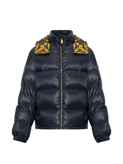 Versace Printed Nylon Padded Jacket In Blau