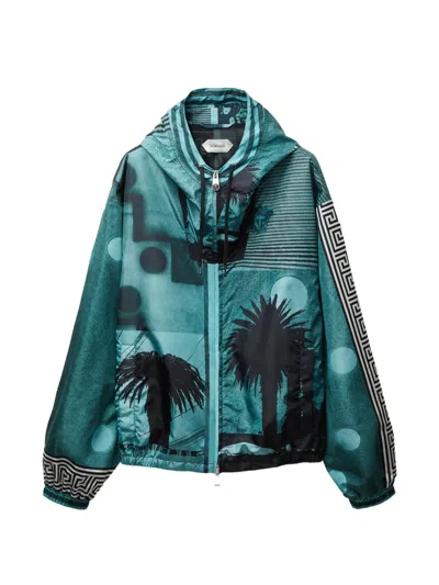 Versace Printed Nylon Windbreaker In Blue
