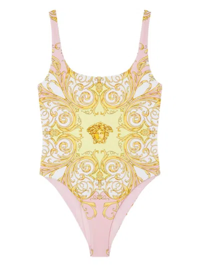 Versace Multicolor One-piece Swimsuit With All-over Medusa Print In Stretch Fabric Woman In Gold