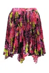 Versace Multicolor Asymmetric Pleated Mini-skirt With Logo Orchid Print In Polyester Woman