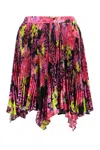 Versace Multicolor Asymmetric Pleated Mini-skirt With Logo Orchid Print In Polyester Woman In Multicolor
