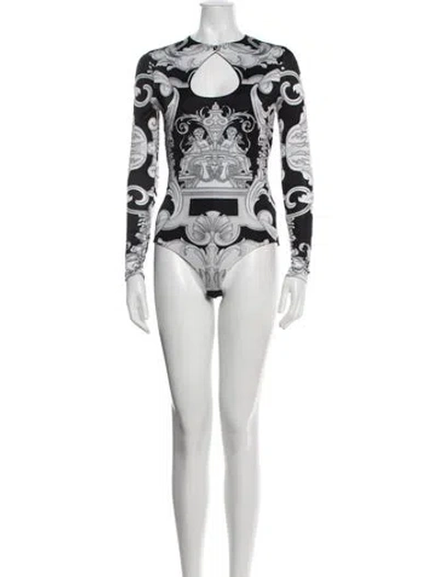 Pre-owned Versace Printed Plunge Neckline Bodysuit In Black