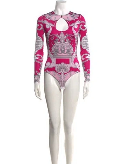 Pre-owned Versace Printed Plunge Neckline Bodysuit In Pink