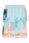 Versace Silk Twill Shorts With Vibrant Classical Motifs In Pastelbluepastelpinkmulticolor