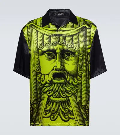 Versace Printed Satin Bowling Shirt In Acid Green+black