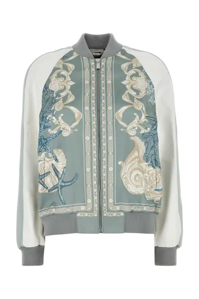 Versace Satin Varsity Bomber Jacket With Printed Design In Blue