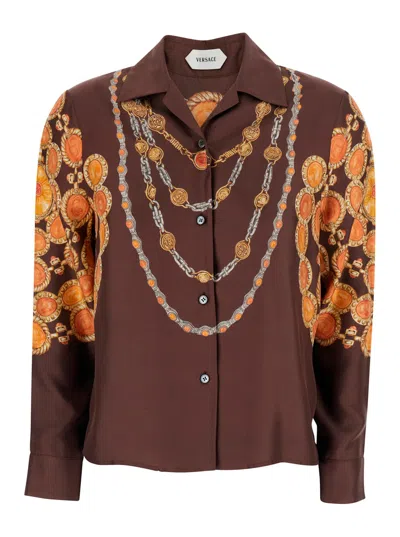 Versace Shirt Printed Shirt Look 62 Brown With Printed Silk Motif For Women