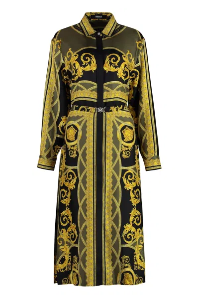 Versace Multicolored Barocco-print Belted Midi Dress In Black