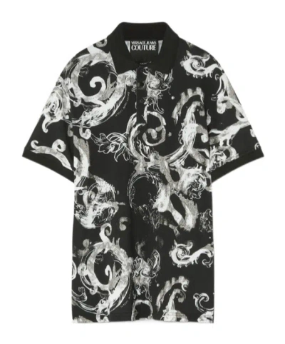 Versace Printed Short-sleeved Polo Shirt In Black