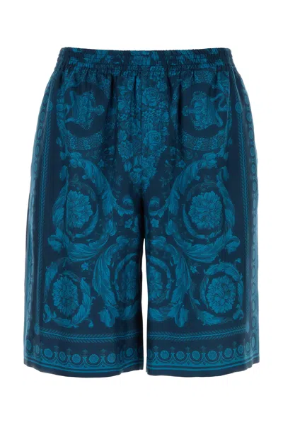 Versace Printed Silk Bermuda Shorts In Blue