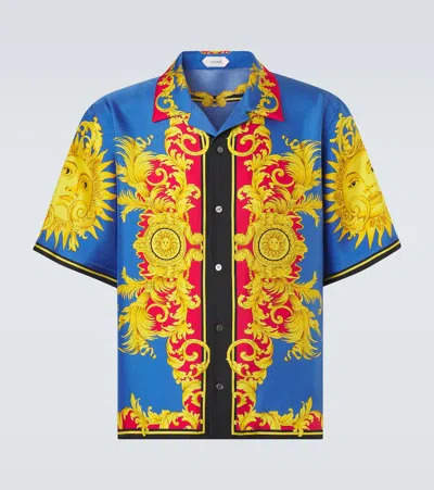 Versace Printed Silk Bowling Shirt In Blue
