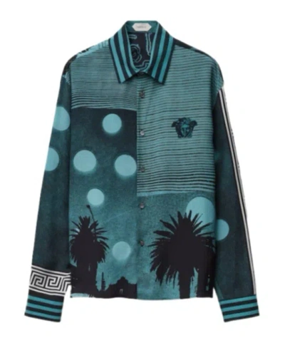 Versace Printed Silk Crêpe De Chine Regular Shirt In Blue