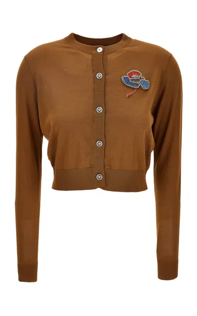 Versace Printed Silk Crepon Shirt In Brown