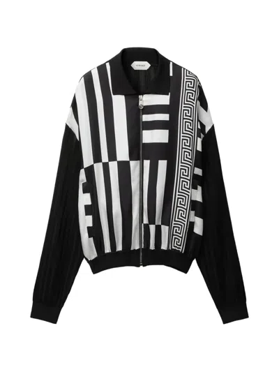 Versace Printed Silk Inserts Knit Zip Cardigan In Black