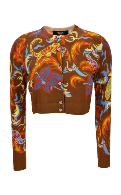 Versace Printed Silk Knit Cardigan In Brown