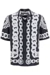 Versace Black And White Bowling Shirt With Cuban Collar And All-over Chain-link Print In Silk Man