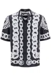 Versace Black And White Bowling Shirt With Cuban Collar And All-over Chain-link Print In Silk Man In Black