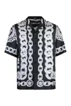 Versace Black And White Bowling Shirt With Cuban Collar And All-over Chain-link Print In Silk Man