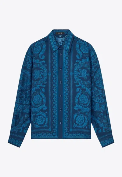Versace Informal Shirt Silk Twill Fabric Barocco 92 Print Shirts Blue