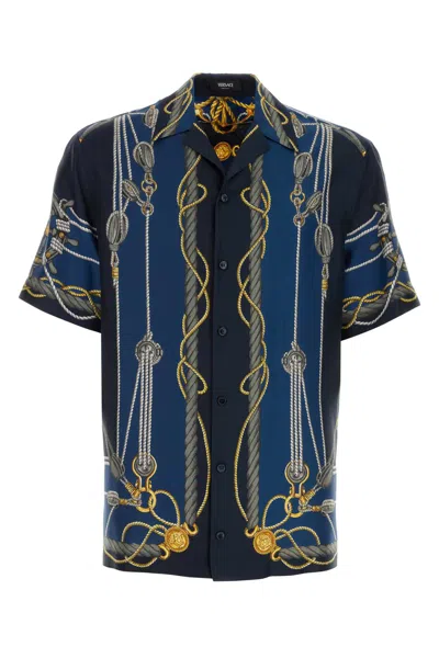 Versace Printed Silk Shirt In Bluegold