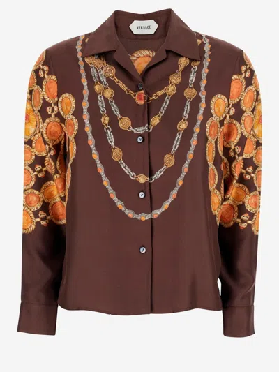 Versace Printed Silk Shirt In Brown
