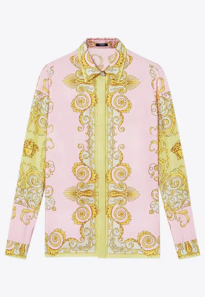Versace Multicolor Long-sleeved Shirt With Pointed Collar And All-over Baroque Print In Silk For Women