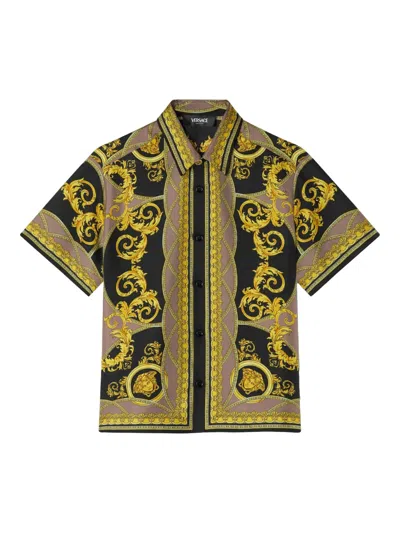 Versace Kids' Printed Silk Shirt In Yellow