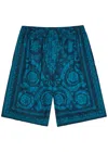 Versace Relaxed Baroque Patterned Silk-nylon Shorts In Blue