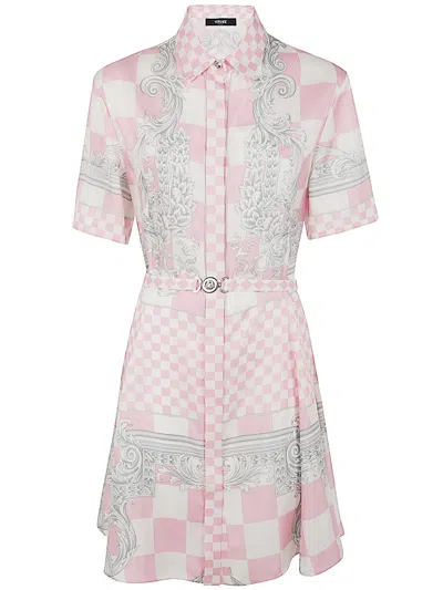 Versace Printed Silk Twill Dress In Pastel Pink + White + Silver