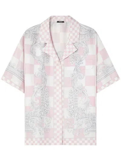 Versace Printed Silk Twill Informal Shirt In Pink White Silver