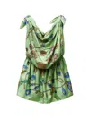 Versace Knotted Draped Printed Silk-twill Mini Dress In Green
