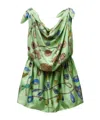 Versace Knotted Draped Printed Silk-twill Mini Dress In Green