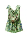 Versace Knotted Draped Printed Silk-twill Mini Dress In Green