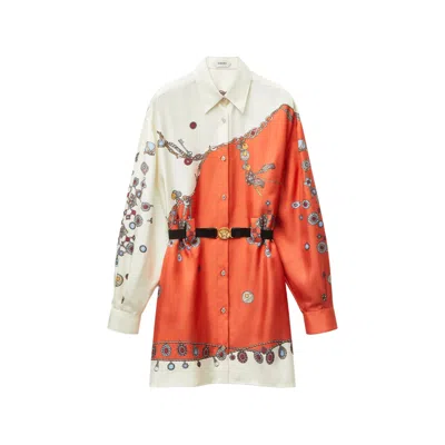 Versace Stolen Jewels Medusa-embellished Belted Printed Silk-twill Mini Dress In Orange