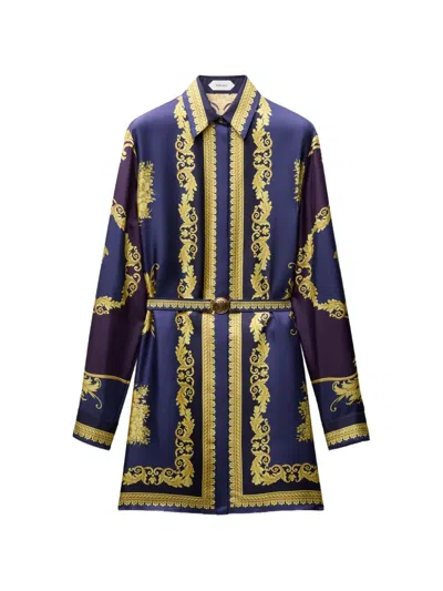 Versace Eggplant Chemisier Mini Dress With Baroque Print In Multi
