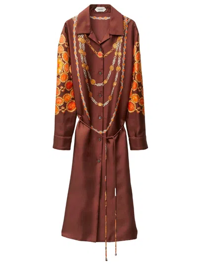 Versace Printed Silk Twill Mini Shirt Dress In Brown